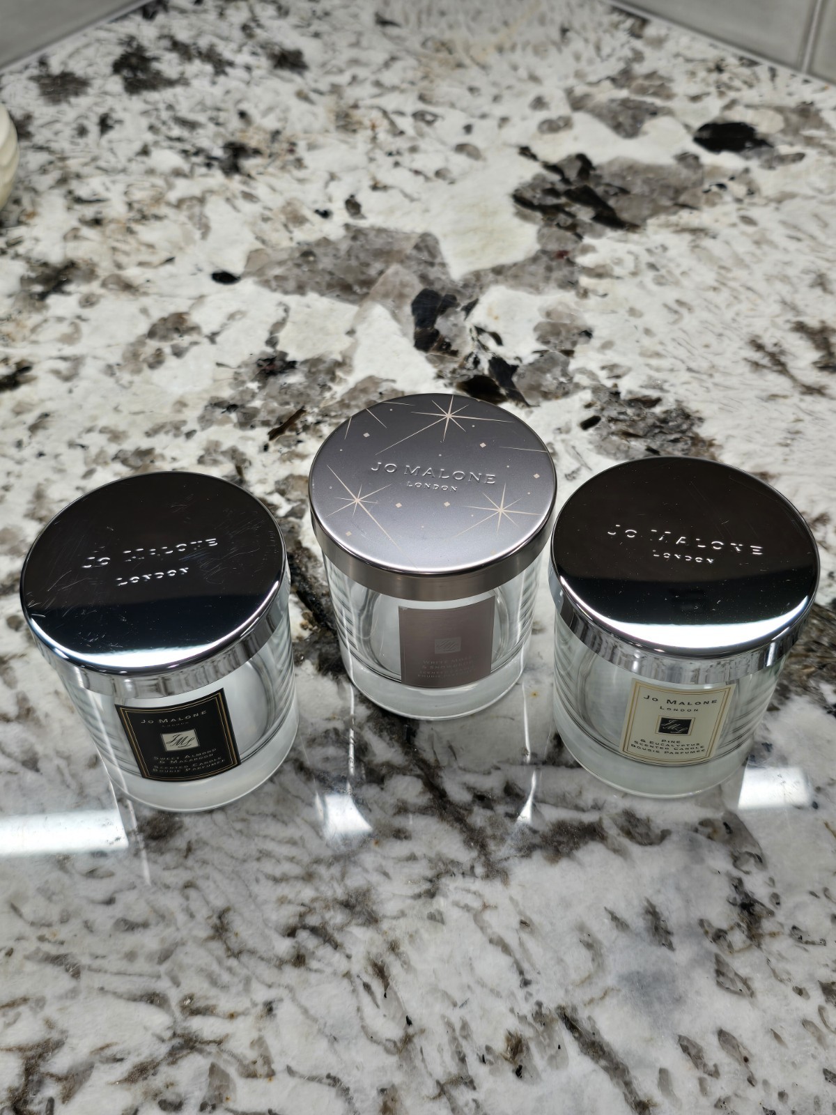 3 – Jo Malone Candle Jar EMPTY Snow Drop, Sweet Macaroon, & Pine Euc + Gift Box
