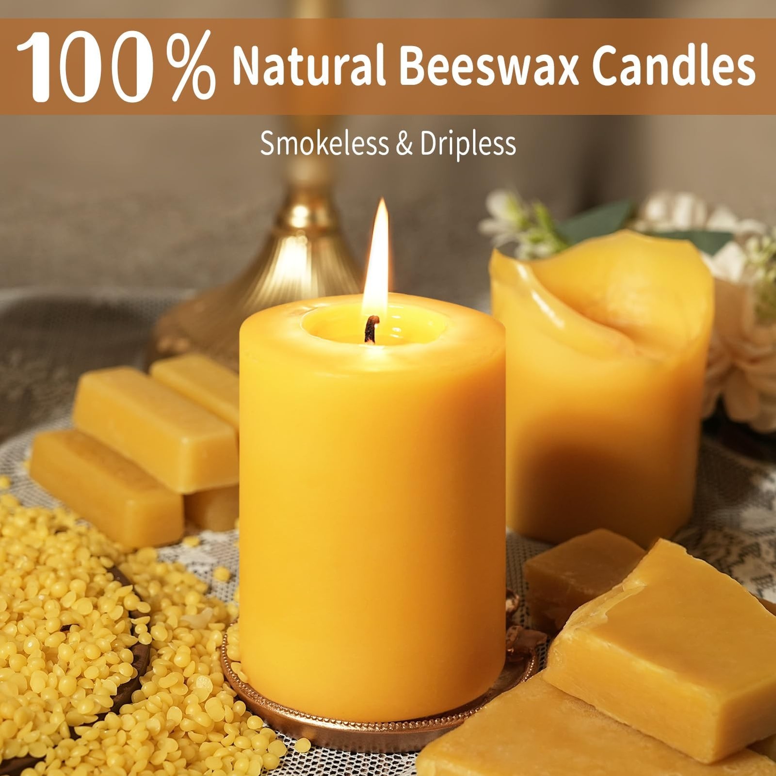 Capaniel Natural Beeswax Pillar Candles, 2 Pack, 3 x 4 Inch, 120 Hours Total
