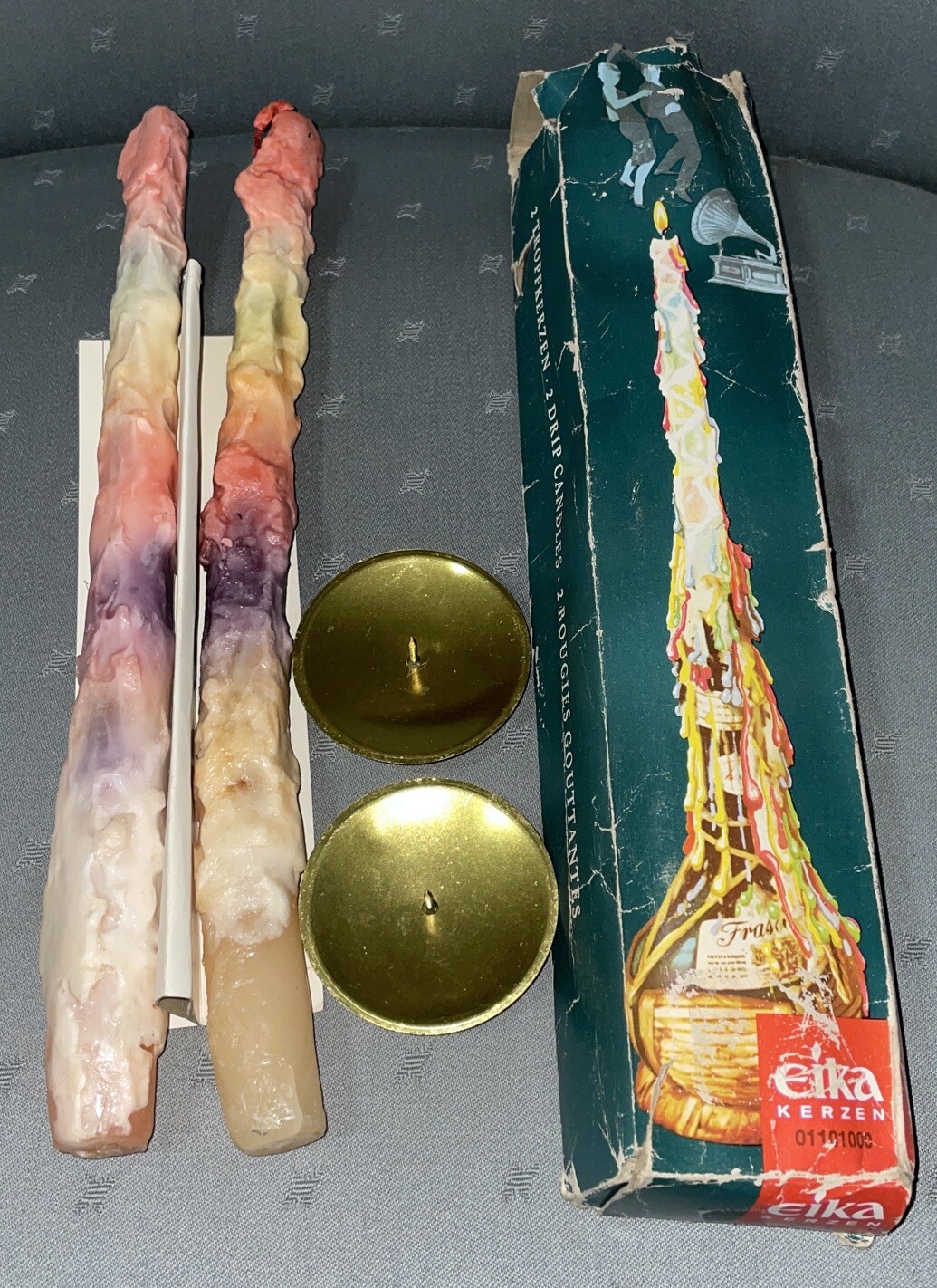 Vintage 1970s Colorful Multi-Color Drip EIKA Candles 11.5”, W/Stand, Germany