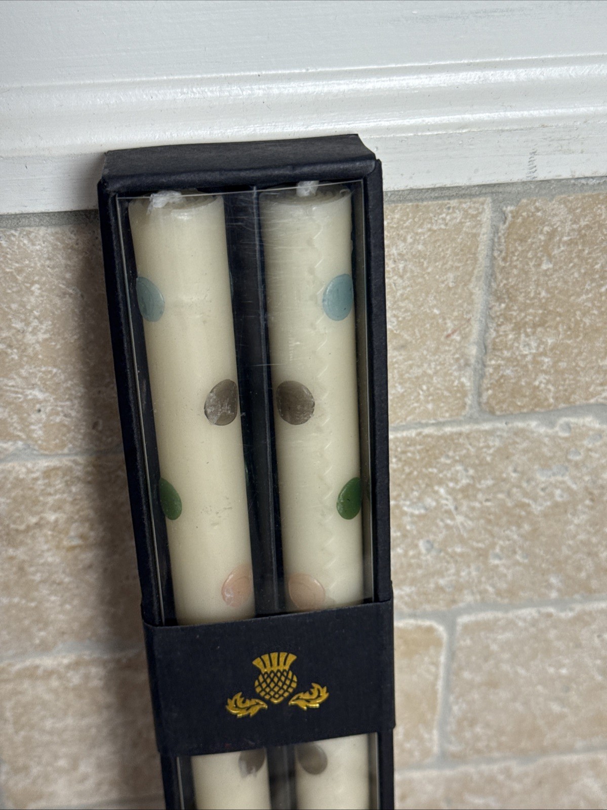 MacKenzie Childs Glow Taper Candles Dinner Multi Color Polka Dots Set of 2