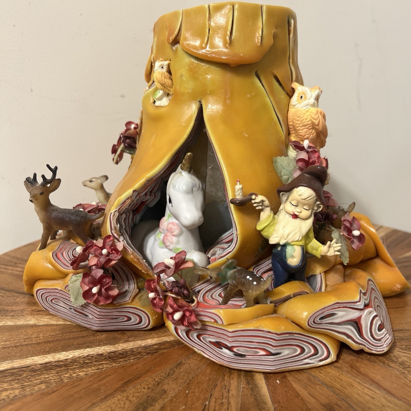 Vintage Candle Woodland Sculpted Tree Stump Elf Deer Owls Hand Carved Wax Art