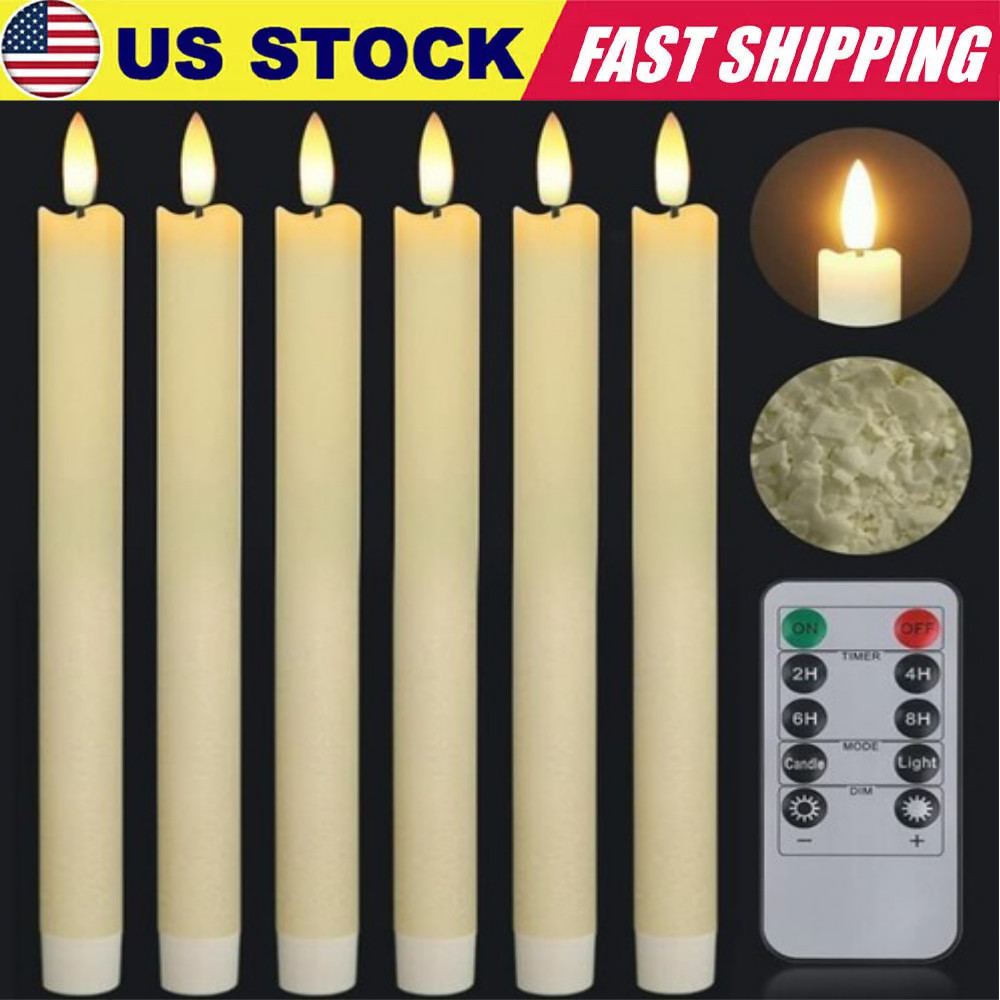 6X Flameless Taper Candles Light Flickering Battery Operated with Remote Timer