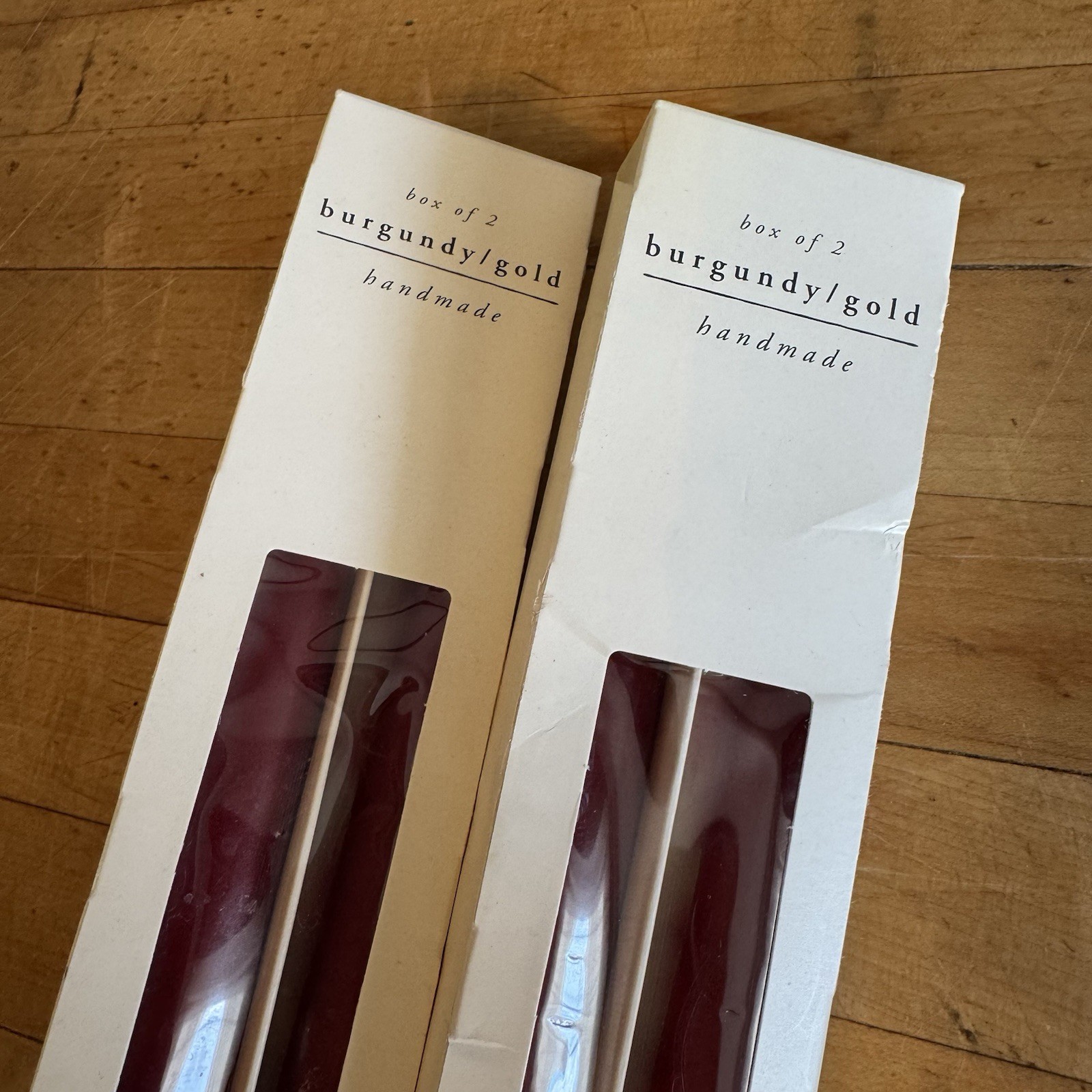 Pier 1 Burgundy Red & Gold Taper Candle Sticks 12” Handmade in Finland NEW Set 4