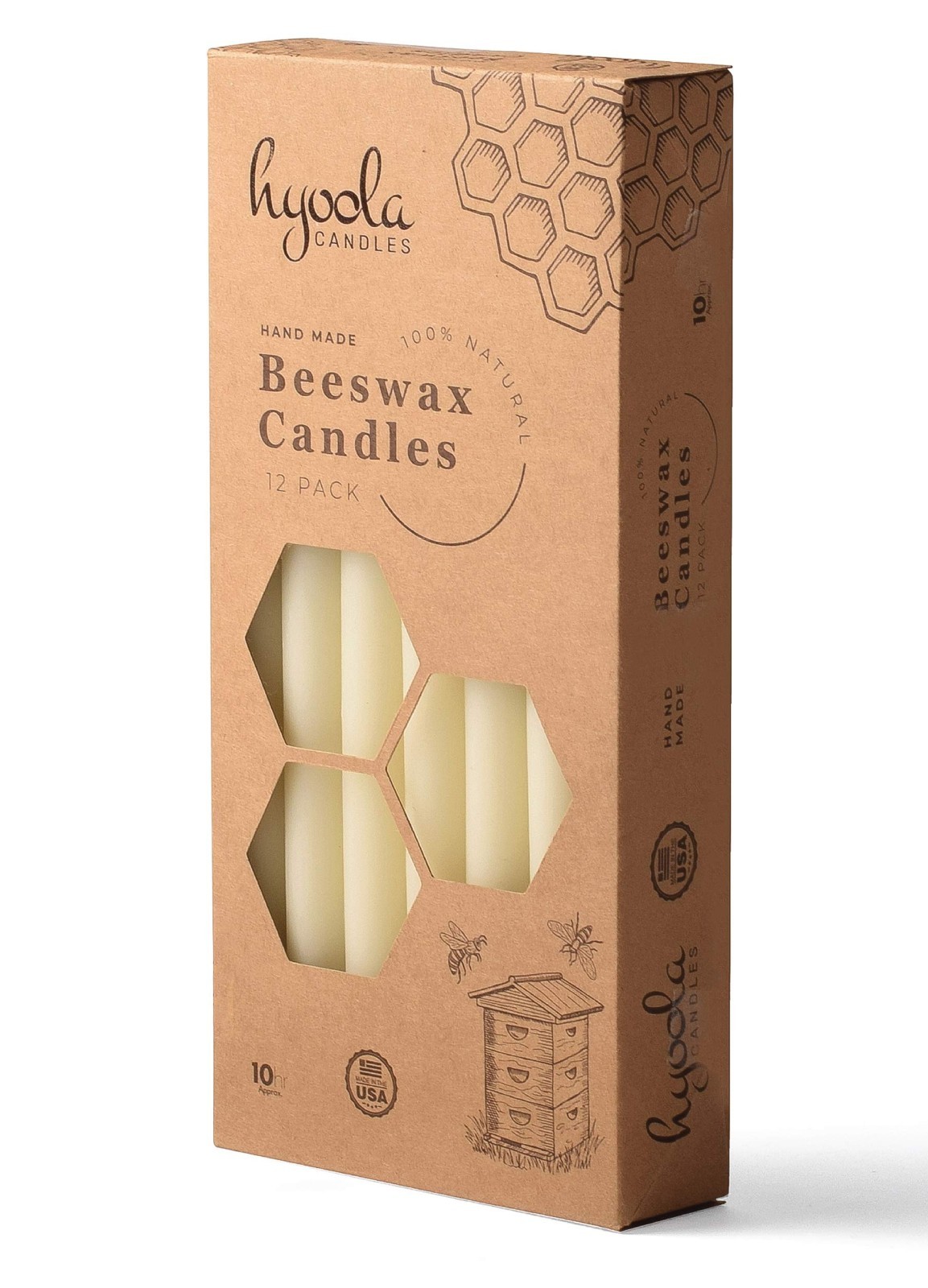10″ Beeswax Taper Candles – 12 Pack, Handmade, All Natural, Unscented, White, 10