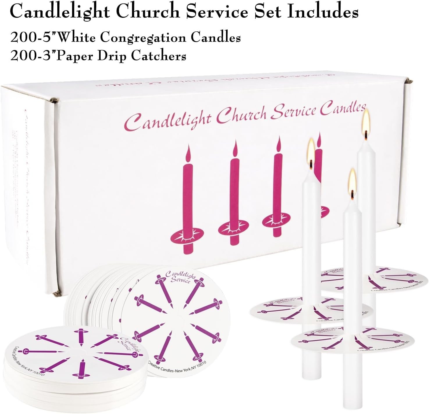 200 White Church Candles with Drip Protectors for Devotional Candlelight Vigil S