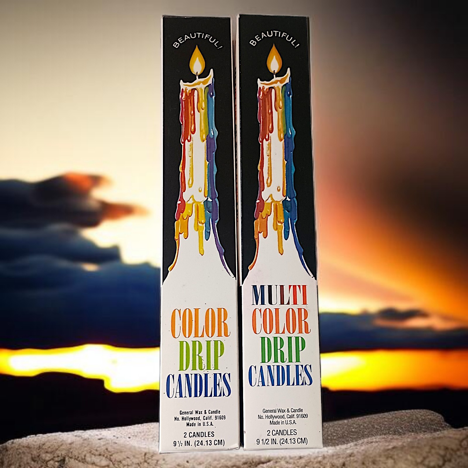 4 Vtg Color Drip Candles Wine Bottle Decor Multicolor NEW 2 In Each Box 70s 9.5″
