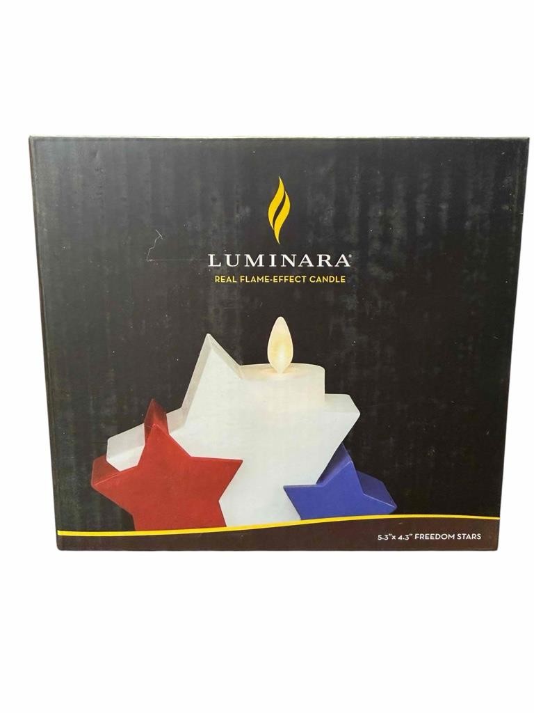 NEW 5.3″ x 4.3″ Luminara Real Flame Effect LED Candle Freedom Stars Bright White