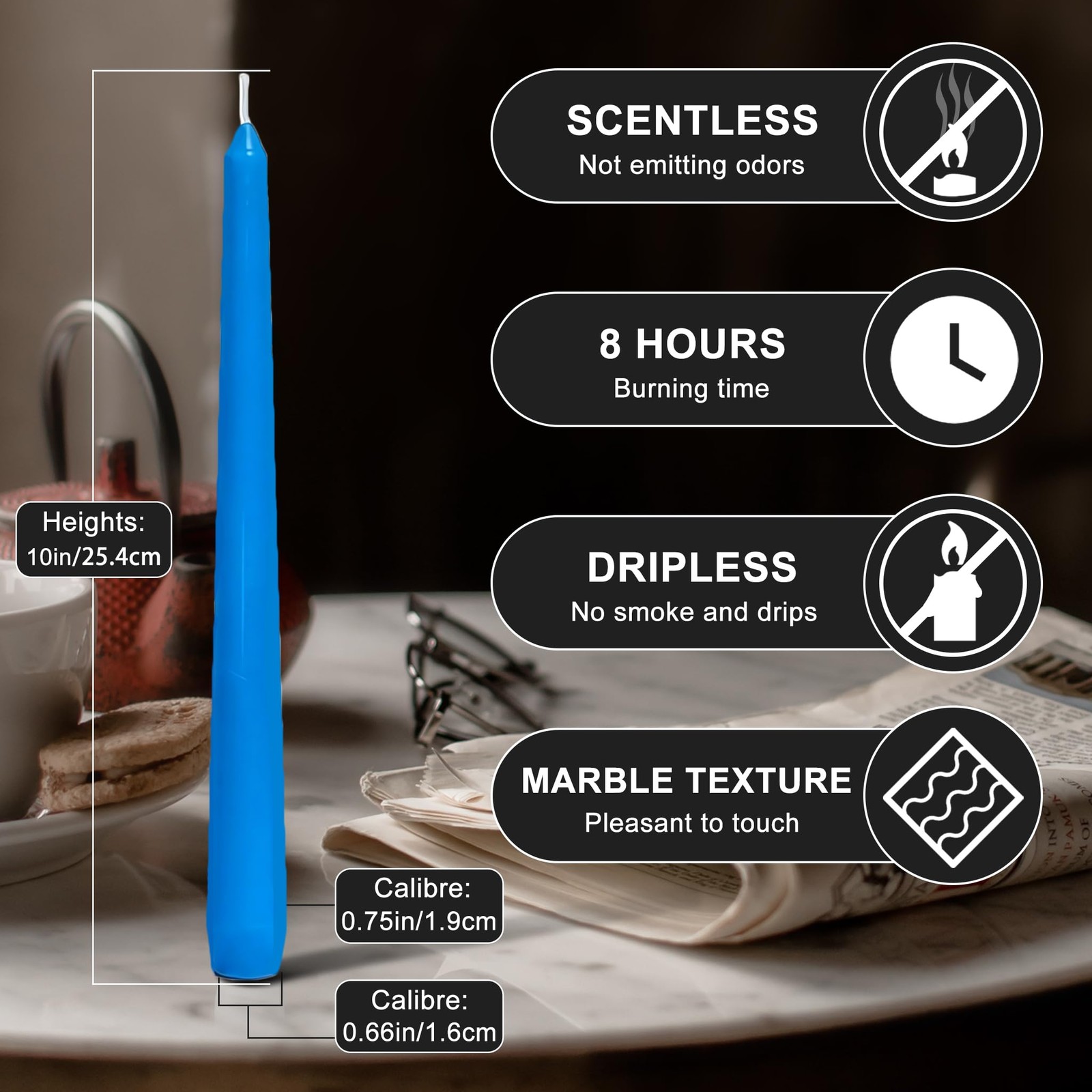 12 PCS Blue Taper Candles 10 Inch Dripless Unscented Smokeless Long Burning