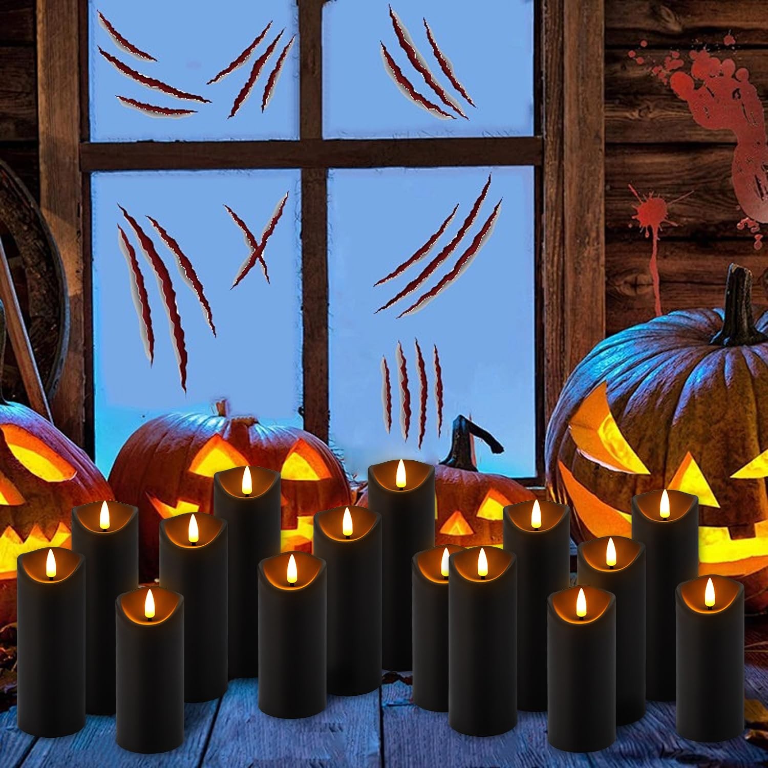 Set of 24 Flickering Black Flameless Candles, Battery Operated LED Pillar Can