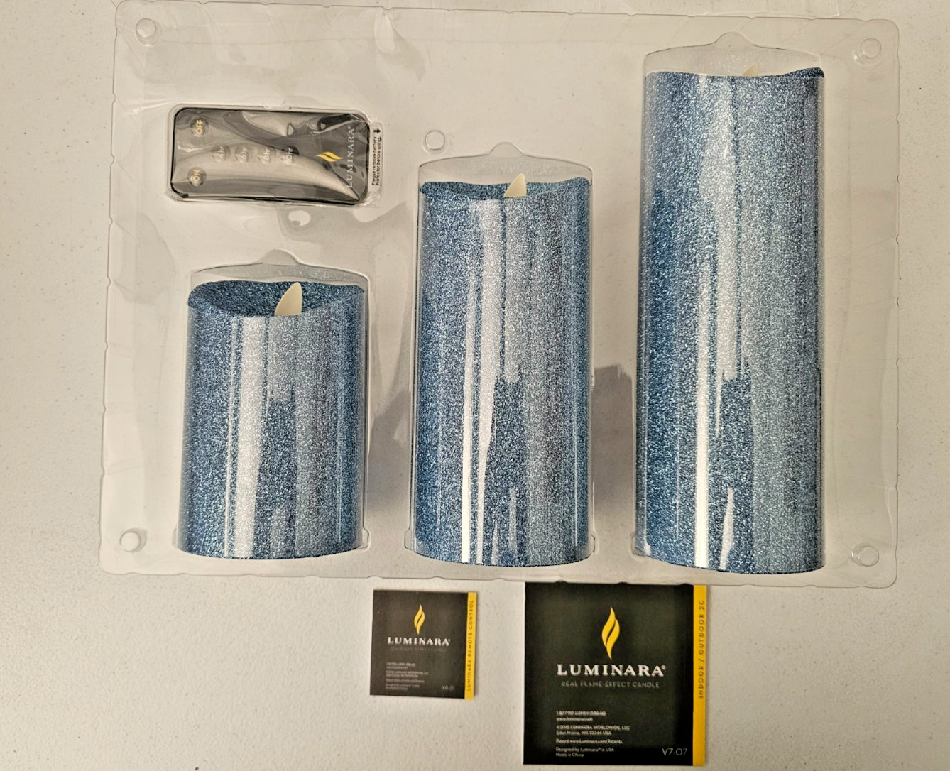 Luminara Icy Blue Glitter 3 Pillar Candle Set Remote Control 5″, 7″ and 9″ X 3″
