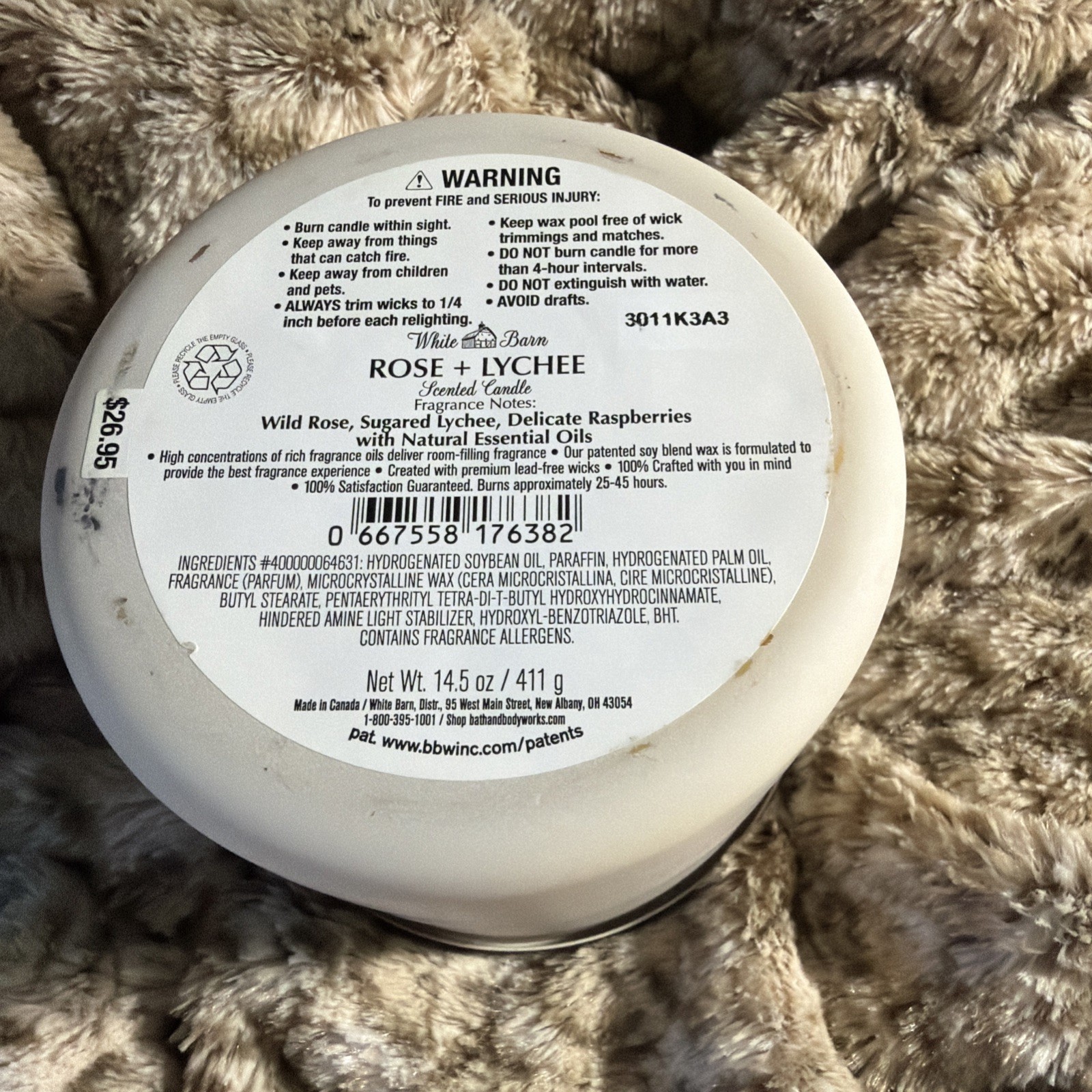 Bath & Body Works White Barn Rose + Lychee 3 Wick Candle, DISCONTINUED