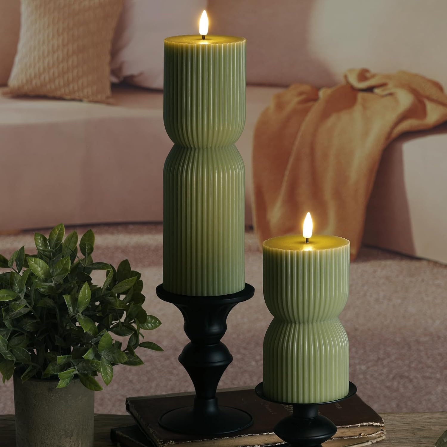 Olive Green Ribbed Flameless Pillar Candles with Remote Set of 2 | 2 AA Battery