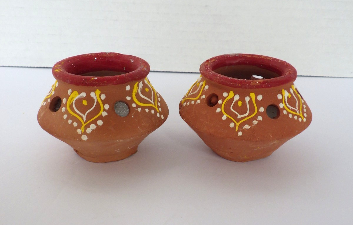 Terra Cotta Clay Diya Candles Hand Painted Set Of 2 India