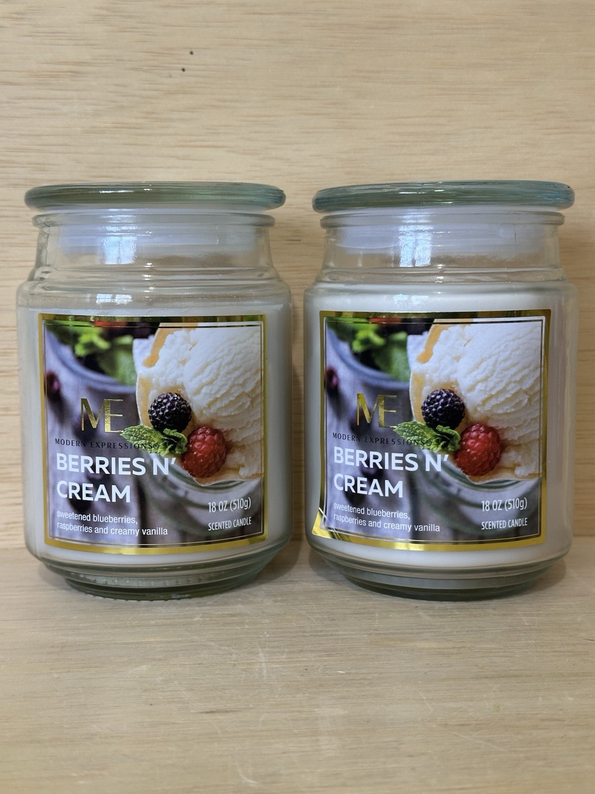 Lot 2-Modern Expression Berries & Cream 18oz Ea- Glass Jars