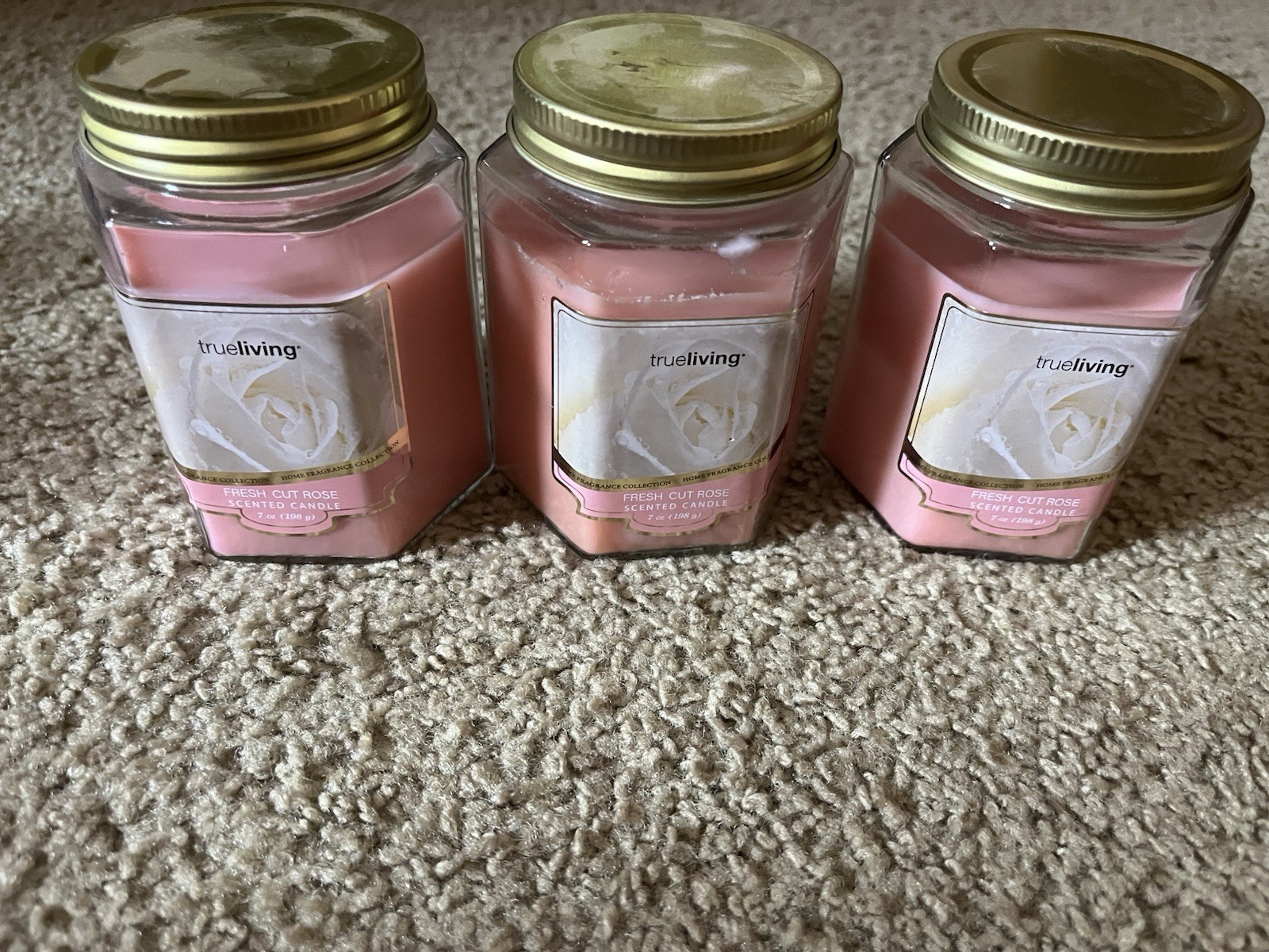 True Living Fresh Cut Rose Scented 7oz Pink Glass Hexagon Jar Candles 3pk