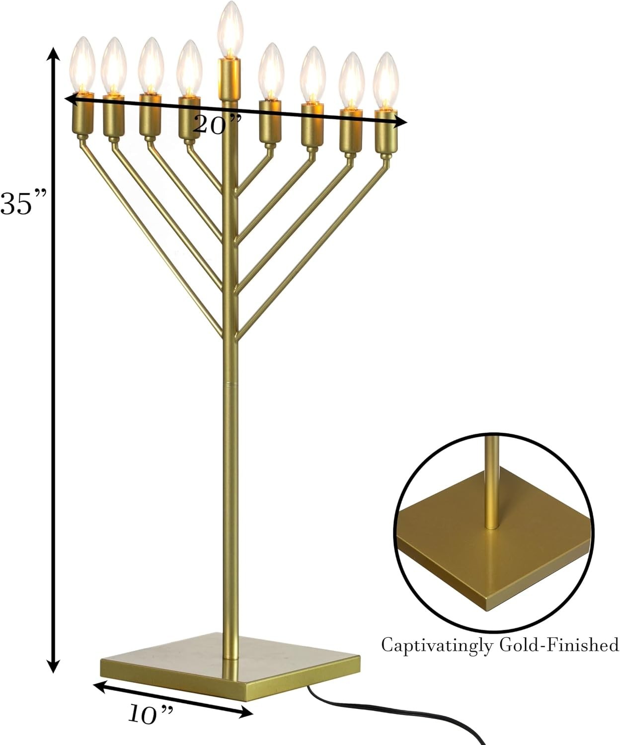 35″ Modern Gold 9 Branch Hanukkah Menorah Chabad Electric LED Flame Bulbs ✡