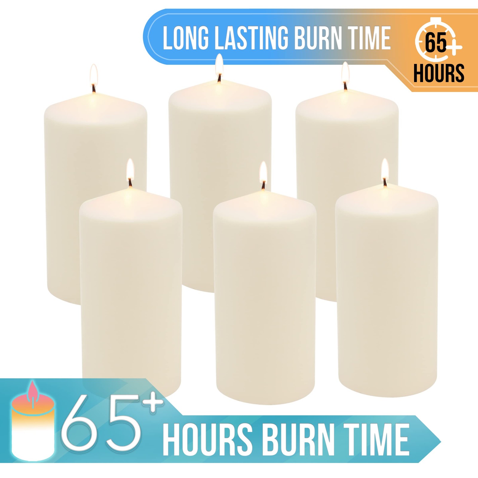 Stonebriar 6 Pack Tall 3 x 6 Inch 65 Hour Long Burning Unscented Ivory Wax Pi…