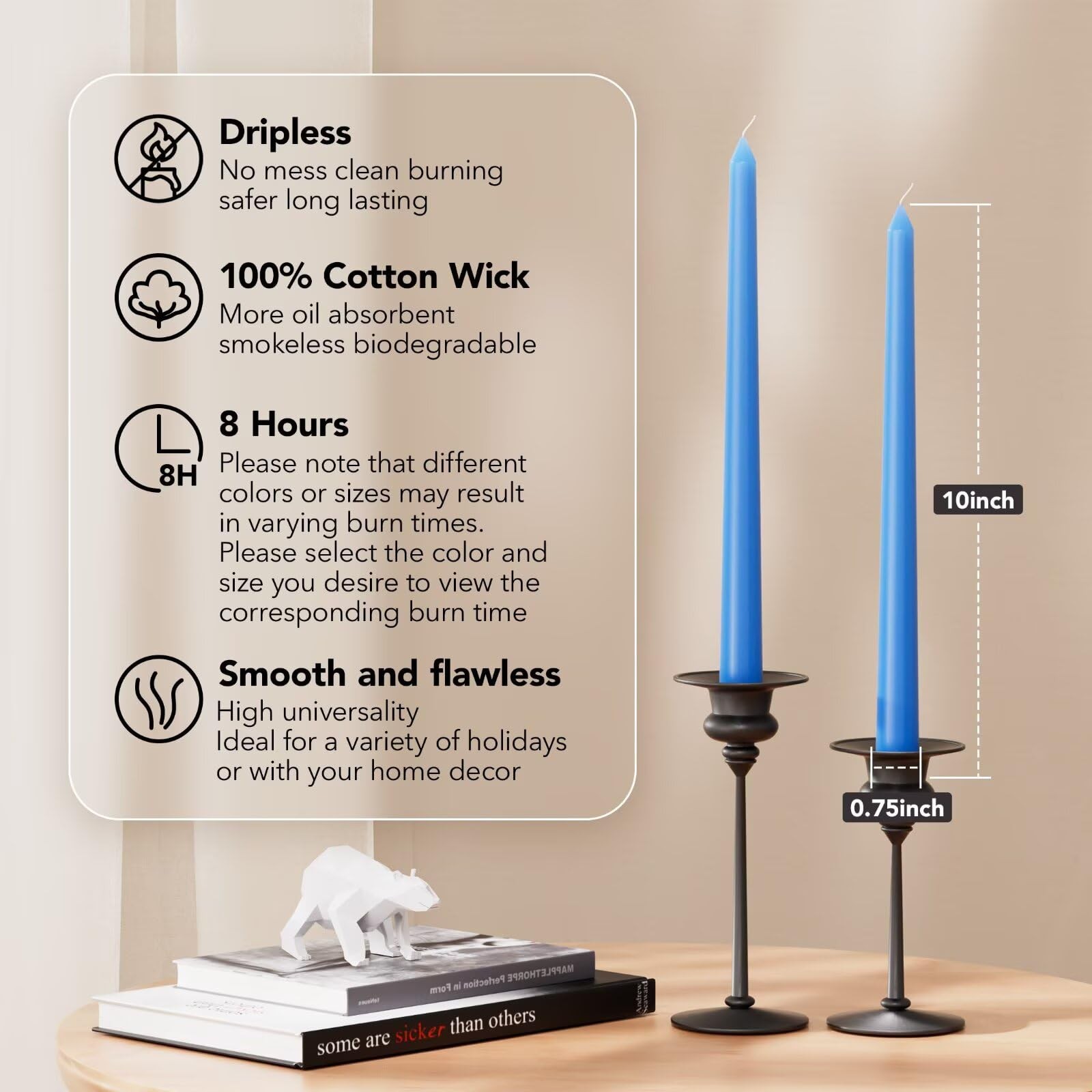 10 Inch Baby Blue Dripless Taper Candles Smokeless Unscented Long Burn 4 PCS