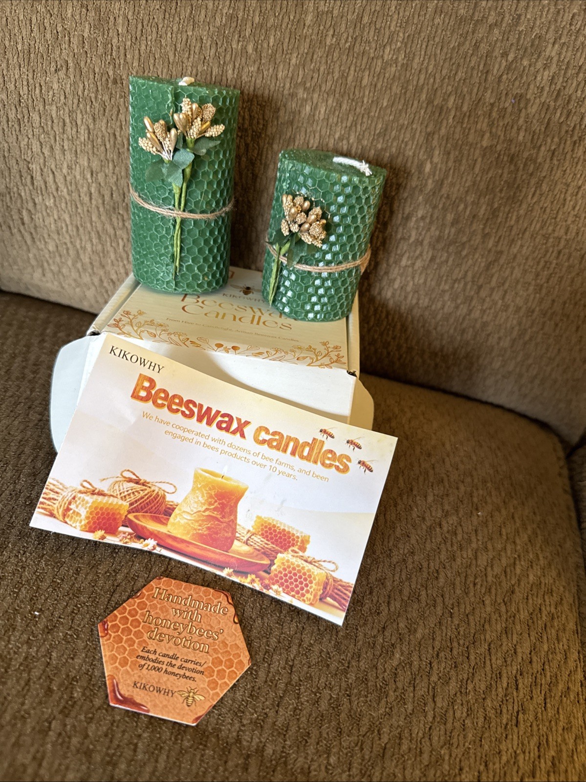 Set Of “2” Green Beeswax Candles In A Gift Box