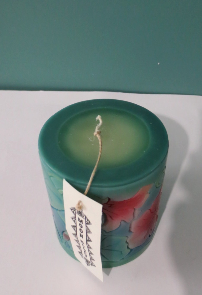 MOON ALLEY – New Teal w/ Pink Peony Pillar Candle – Size Small – 3 3/4″ T