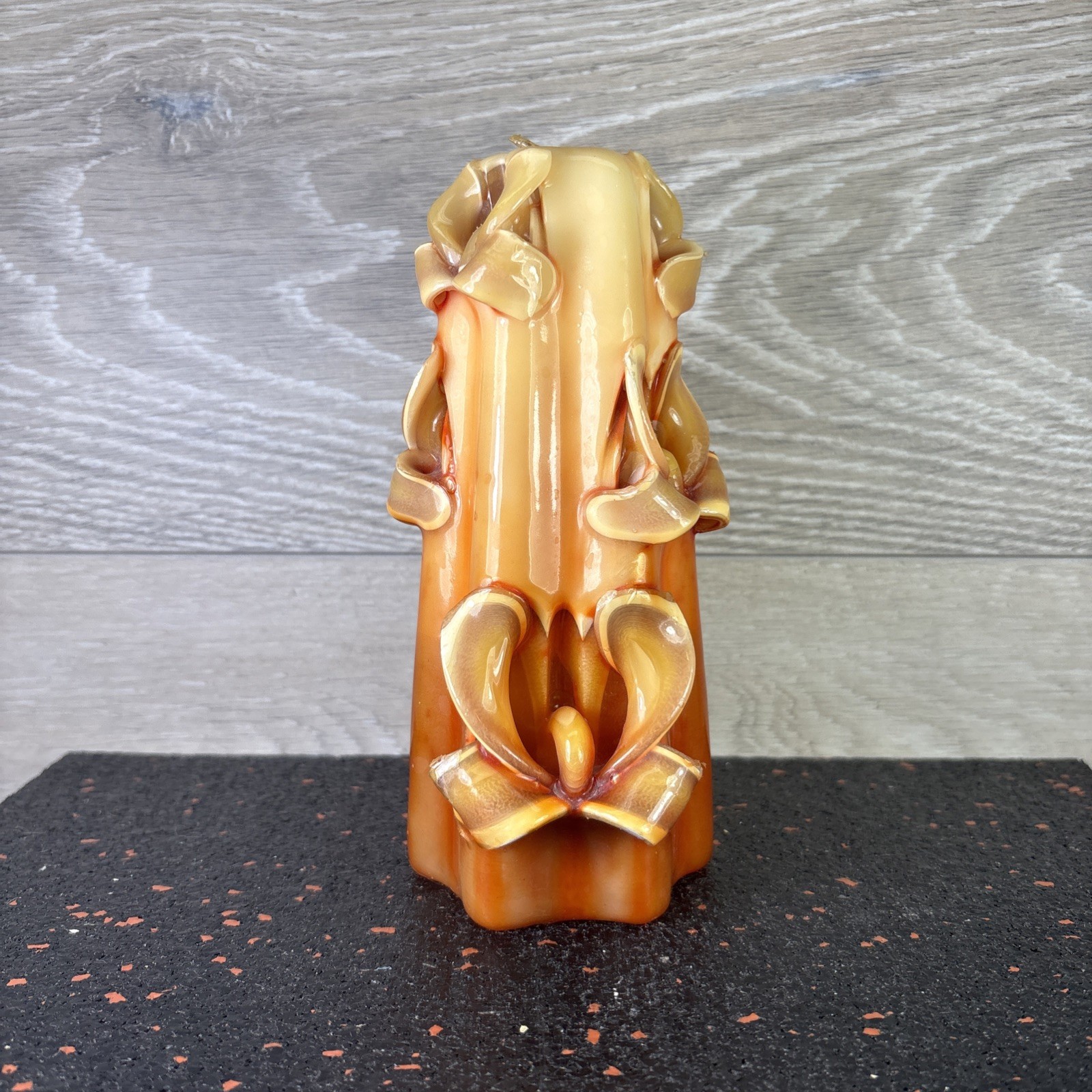 Vintage Candle Art Hand Carved Art Deco Theme, Beige Orange Brown 6” Tall