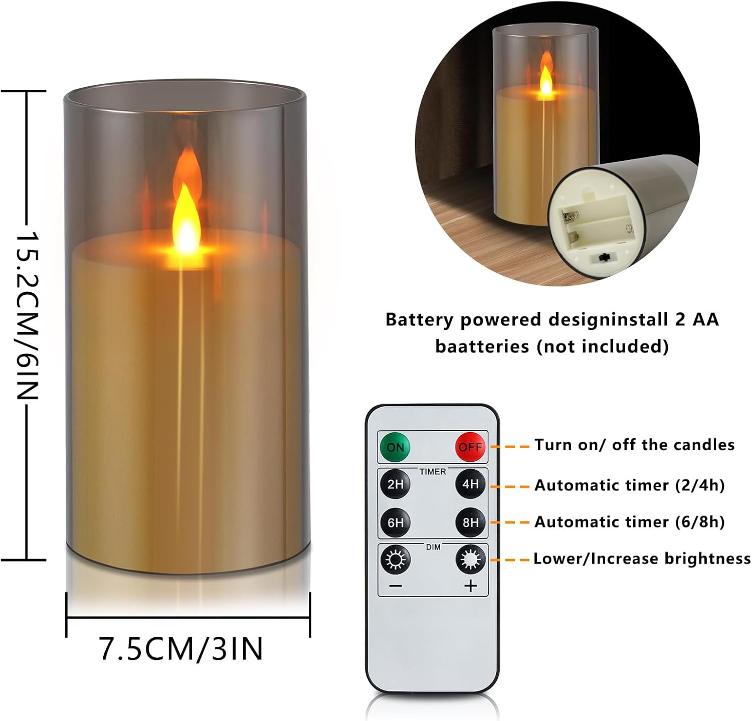 Flameless Candles 4″ 5″ 6″ Set of 3 Acrylic Glass Pillars 3″ Diameter Battery…