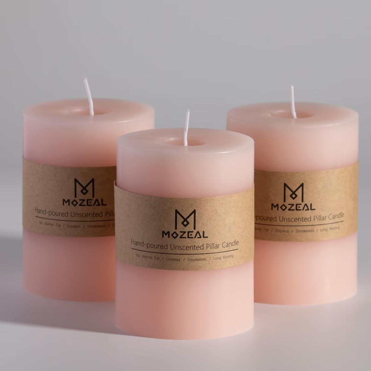 Rustic Blush Pillar Candles, 3″ x 4″ Set of 3 – Dripless, Long-Burning Elegance