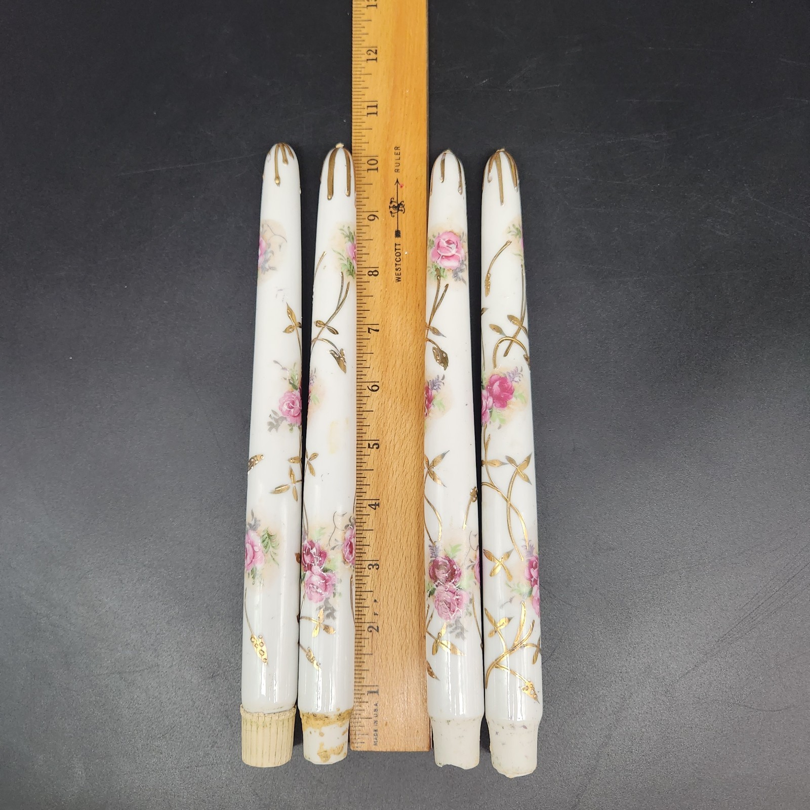 Set of 4 Antique? Porcelain Faux Taper Candles Hand Painted Floral Gold Accents