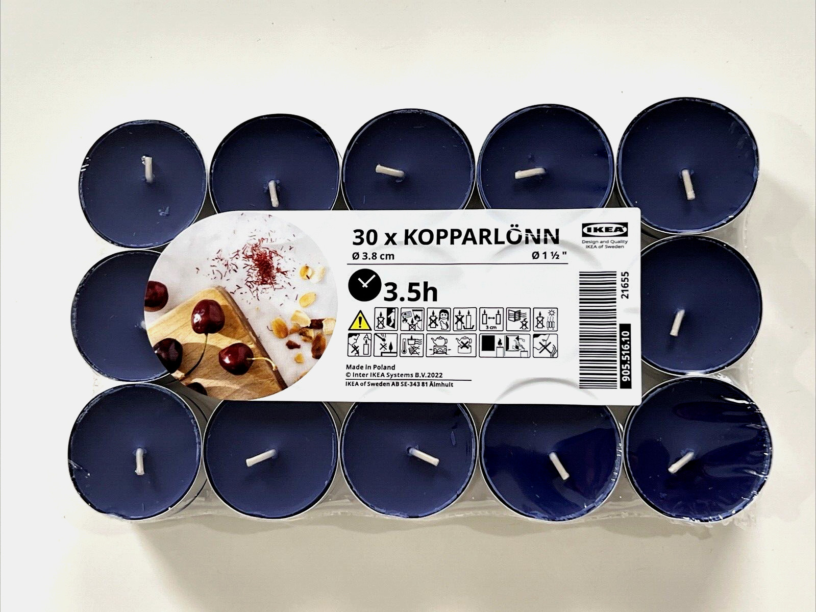 Pack of 30 IKEA Kopparlonn Candle Scented tealight, almond & cherry/blue, 3.5 hr