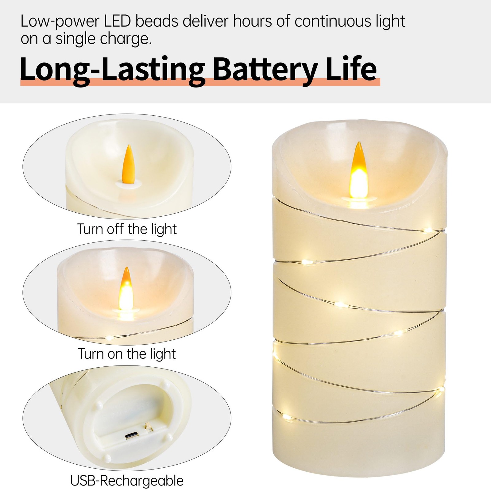 Rechargeable LED Candles, Real Wax, 4 5 6 in, Ivory, 3 Pack | USB rechargeabl…