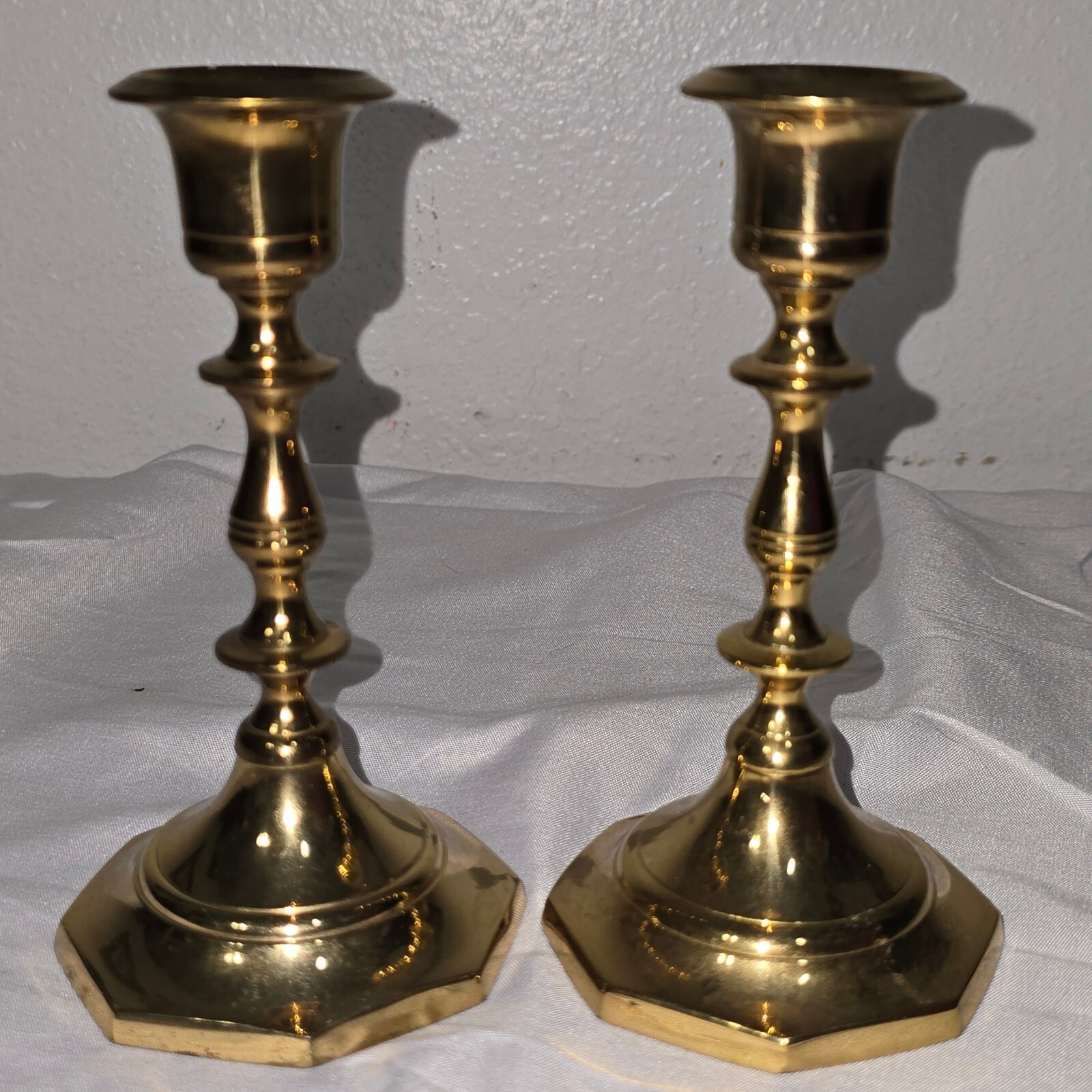 Vintage Solid Brass Taper Candlestick Holders Pair Octagonal Base Made in India