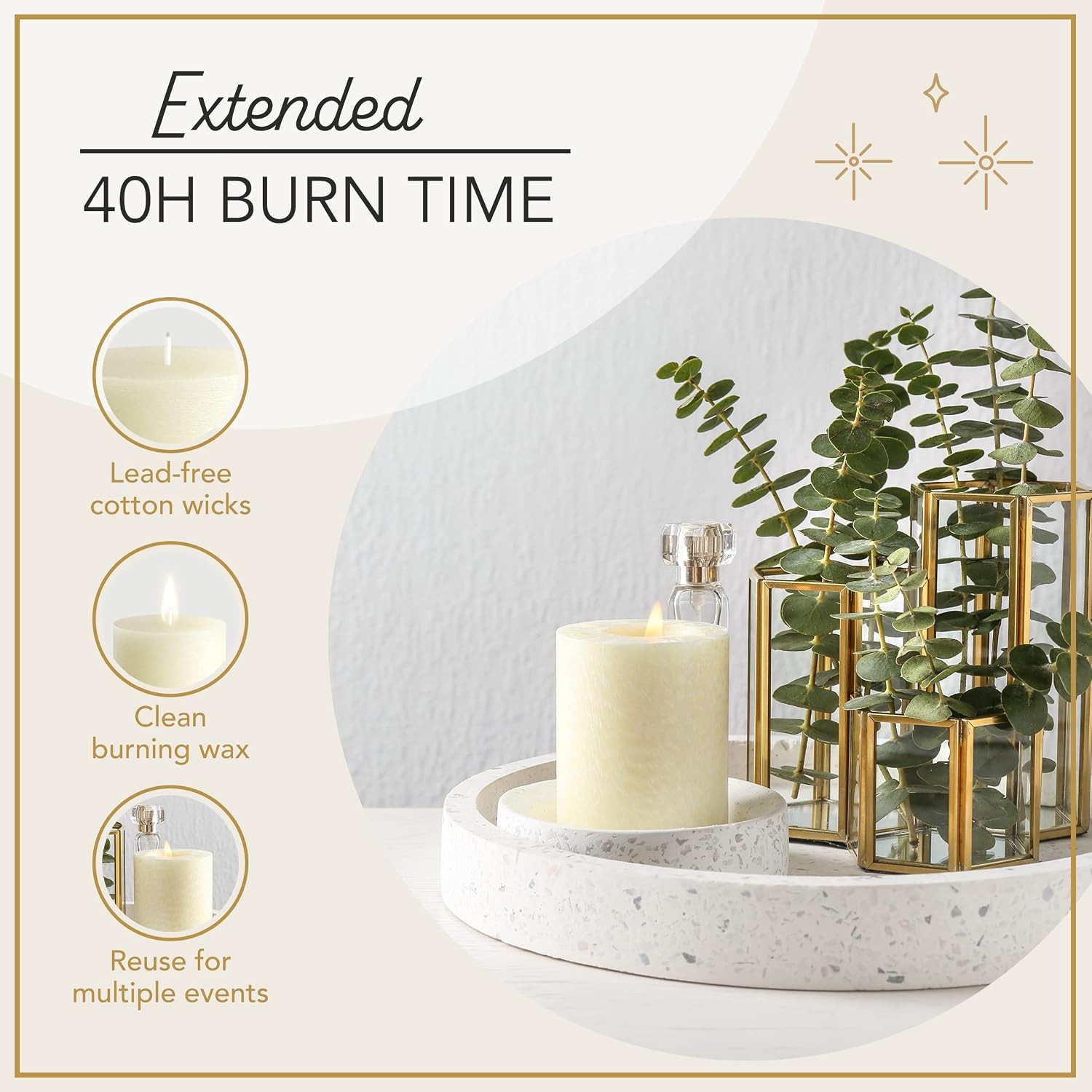 Melt Candle Ivory Pillar Candles, Unscented, 3 Pack, 3 X 4 Inch | up to 55-Hour