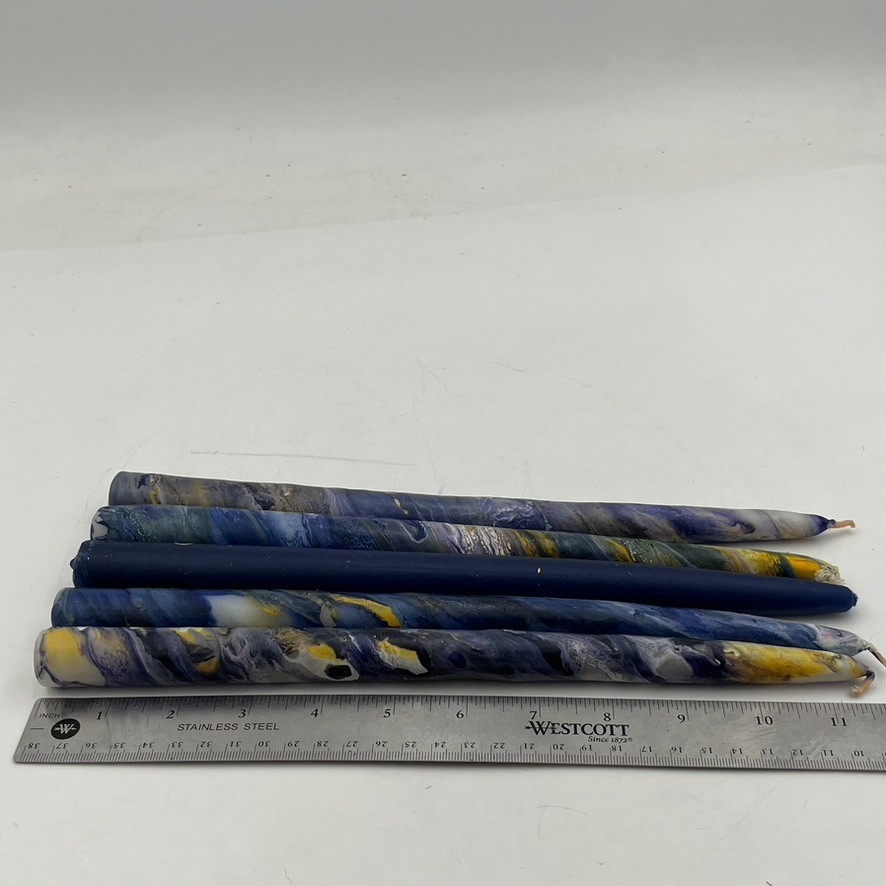 Vintage Mid-Century MCM Set of 5 11.5” Taper Candles Purple Gold Swirl “Tie Dye”