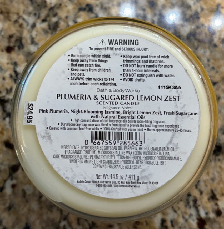 Bath & Body Works 3 Wick Candle DOUBLE SCENT PLUMERIA SUGARED LEMON ZEST NEW
