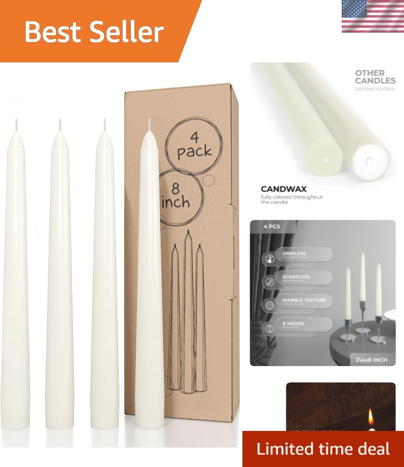 Ivory Dripless Taper Candles 8 Inch – Set of 4 Unscented Long Burning Candles