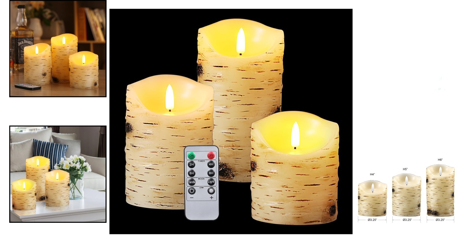 Flameless Candles LED Candles Birch Bark Set of 3 D 3.25″ x H 4″ 5″ 6″ Ivory …
