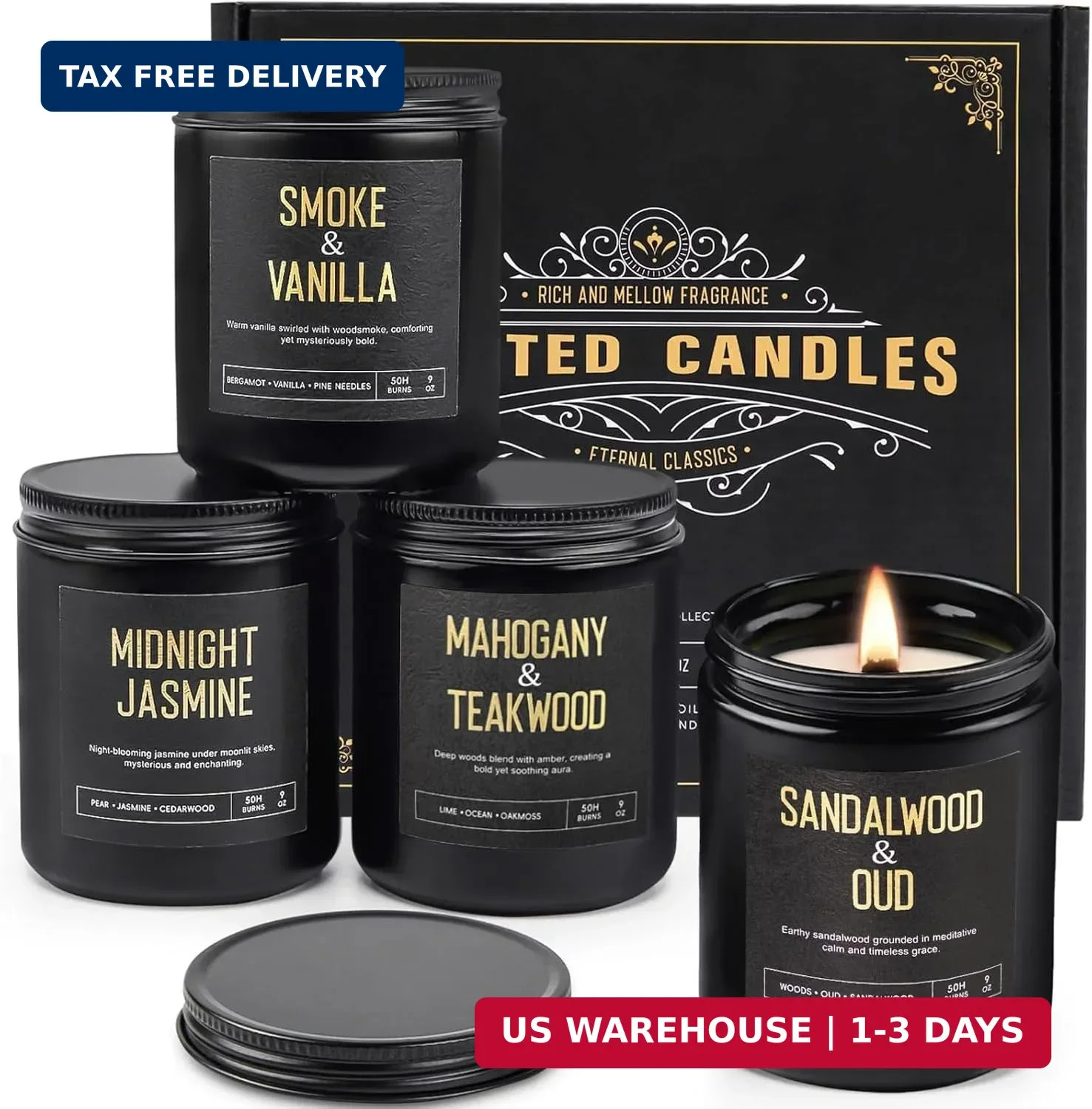 Men’s Candle Gift Set, 4 Pack Crackling Wood Wick Soy Scented Candles, 36oz M…