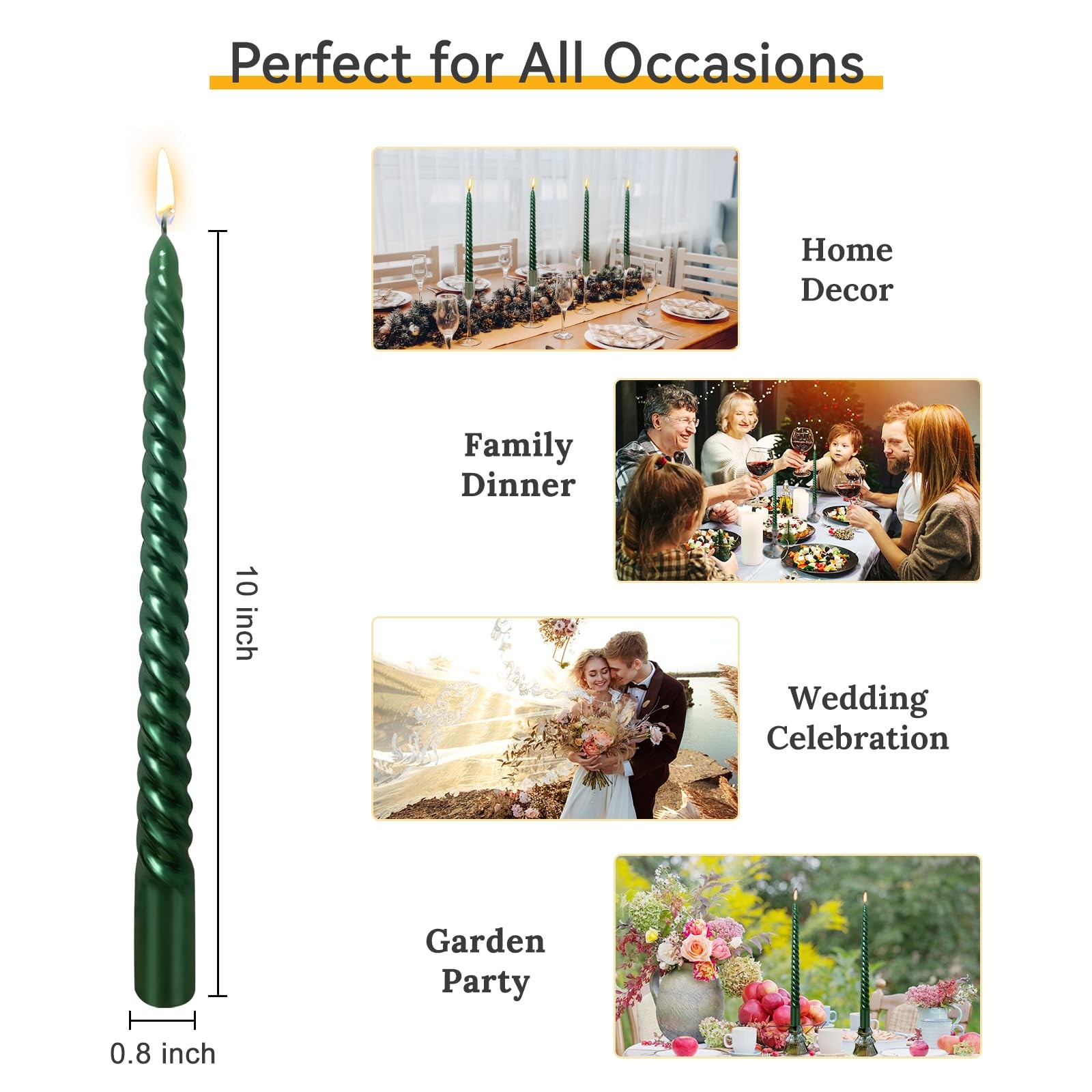 10 Inch Green Spiral Taper Candles Set for Christmas and Spring, Unscented Dripe