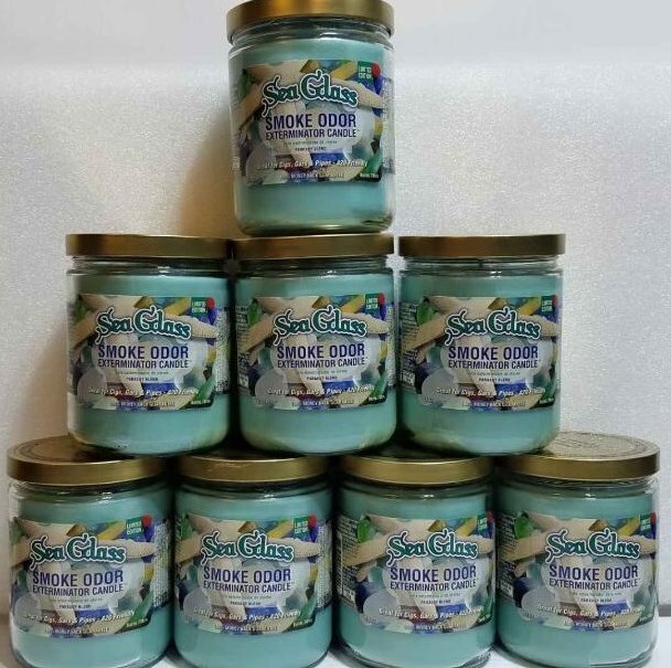 Smoke Odor Exterminator 13 oz Jar Candle, Sea Glass Set of Eight Candles.