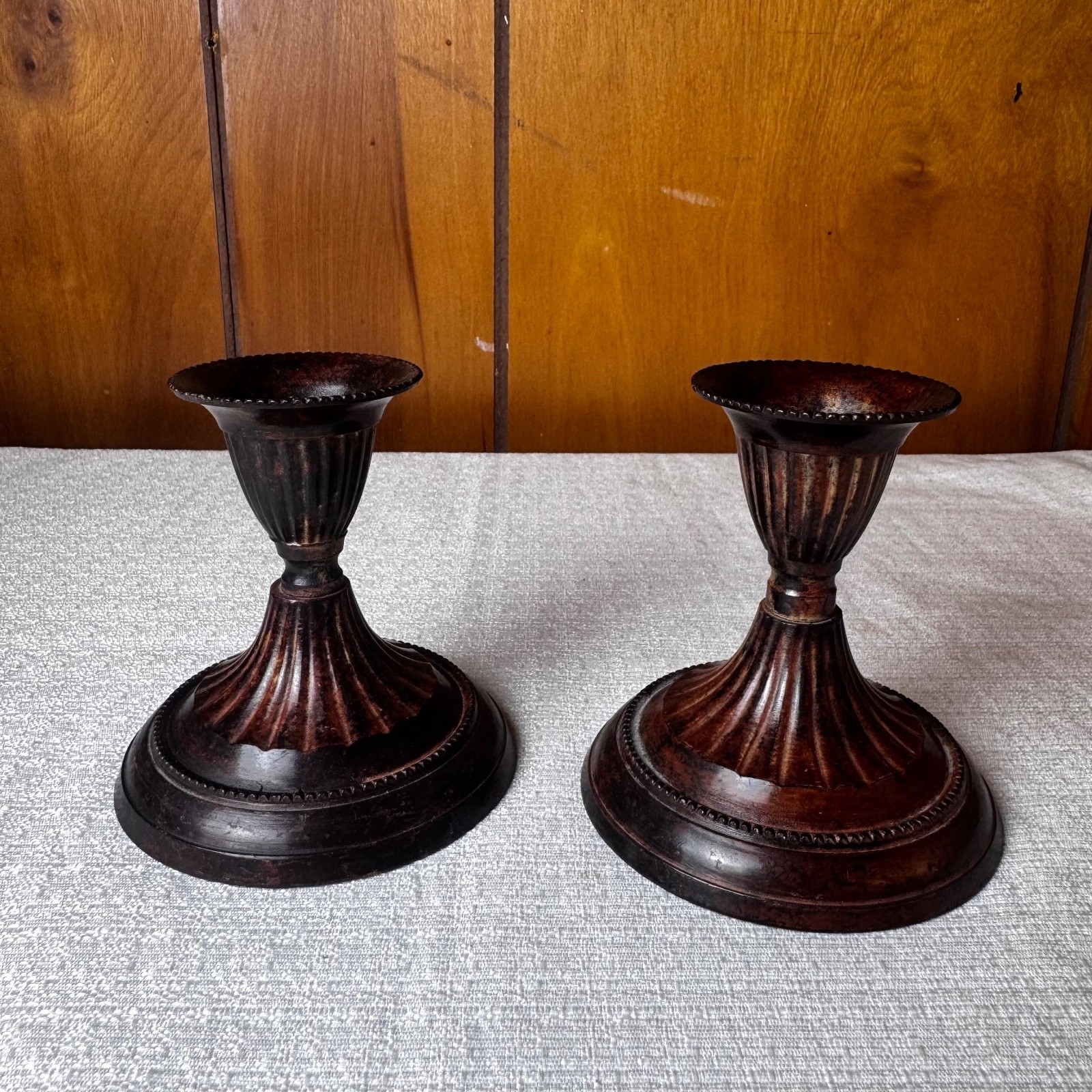Vintage Hosley Solid Brass Candlestick Holders Pair Fluted Dark Patina India