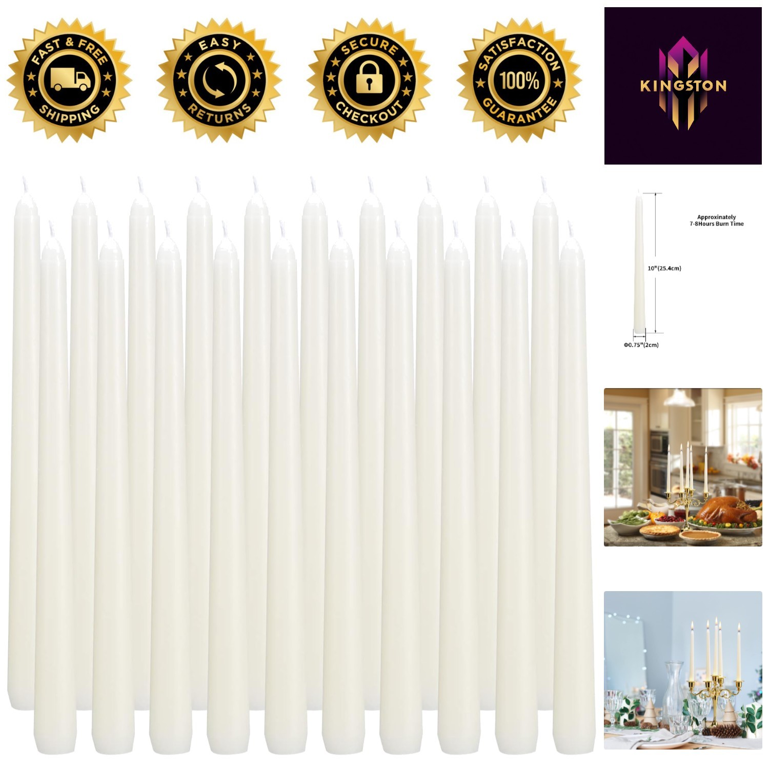 Smokeless 10 Inch Ivory Taper Candles, Long Burning – Set of 20 Candles