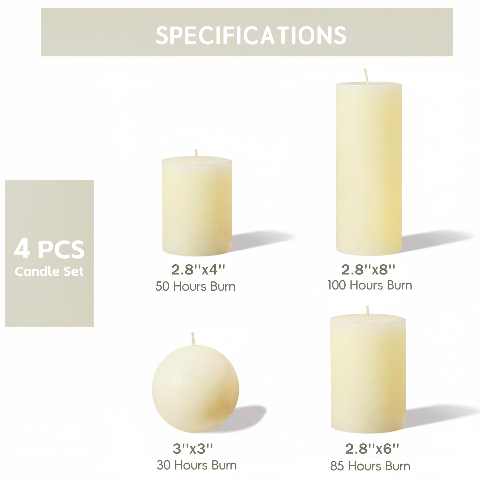 Rustic Ivory Pillar Candles Set – 4 Pcs Assorted Sizes Unscented Pillar Candl…