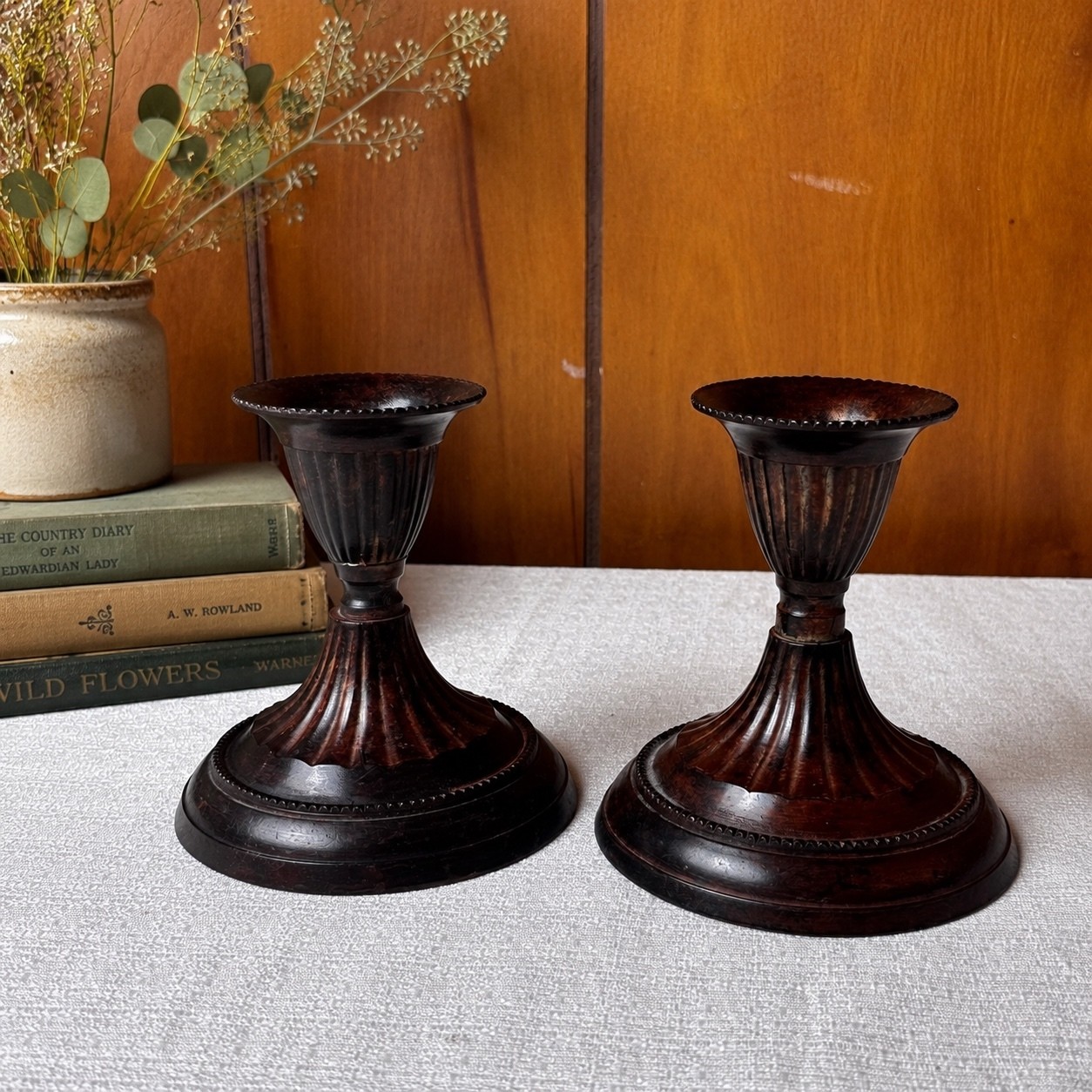 Vintage Hosley Solid Brass Candlestick Holders Pair Fluted Dark Patina India