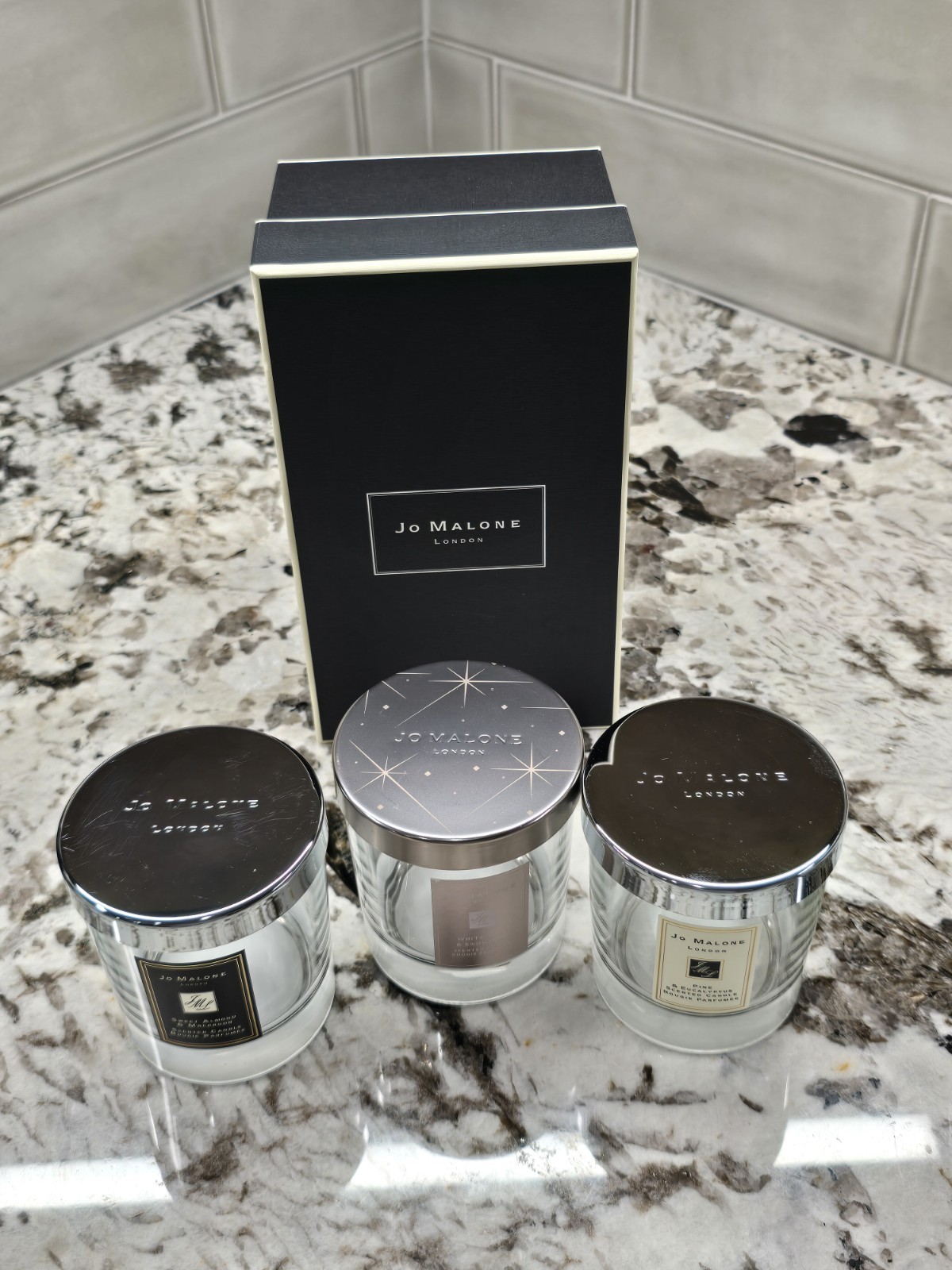 3 – Jo Malone Candle Jar EMPTY Snow Drop, Sweet Macaroon, & Pine Euc + Gift Box
