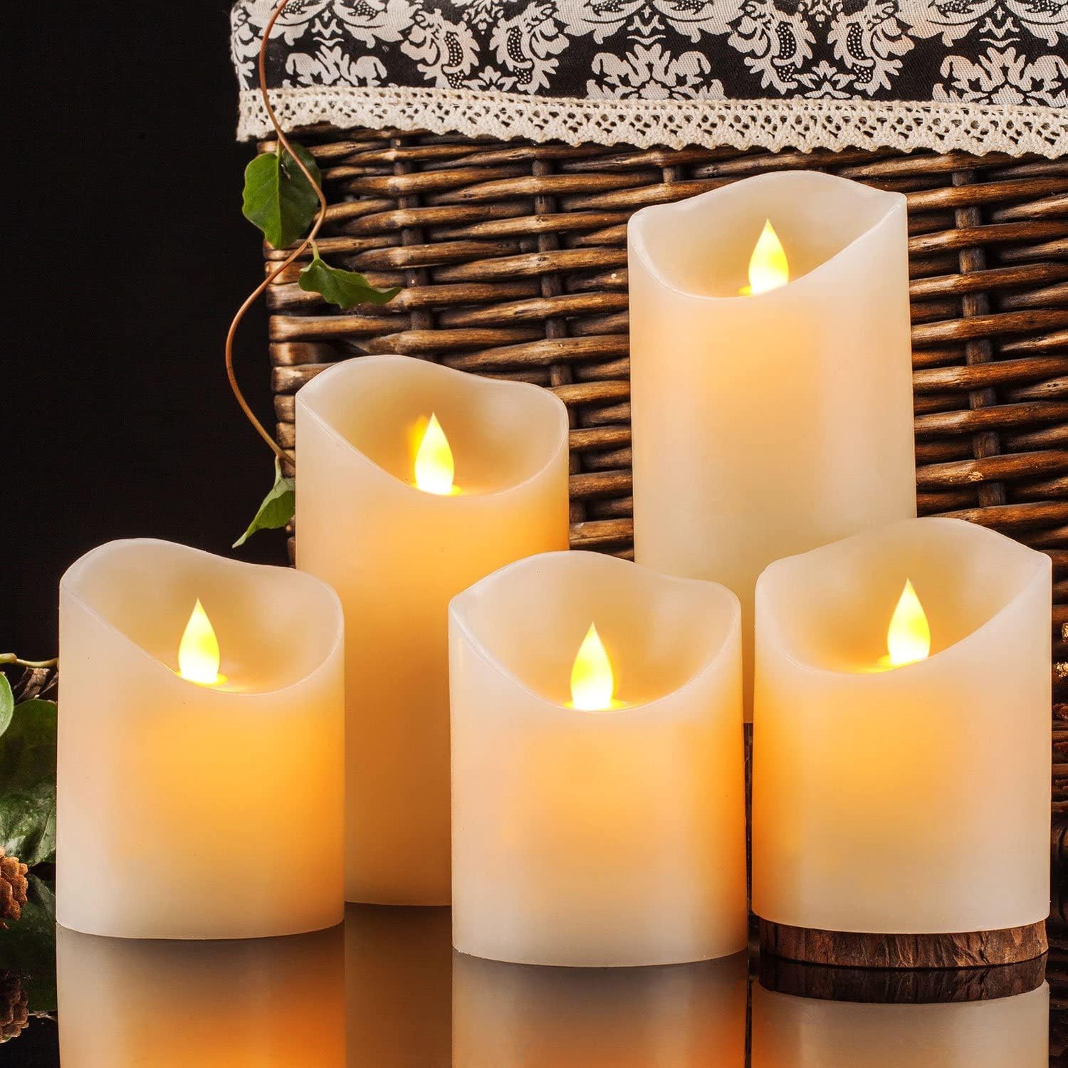 Flameless Candles, Flickering Moving Flame LED Candles Set of 5 (Size: D: 3″ x H
