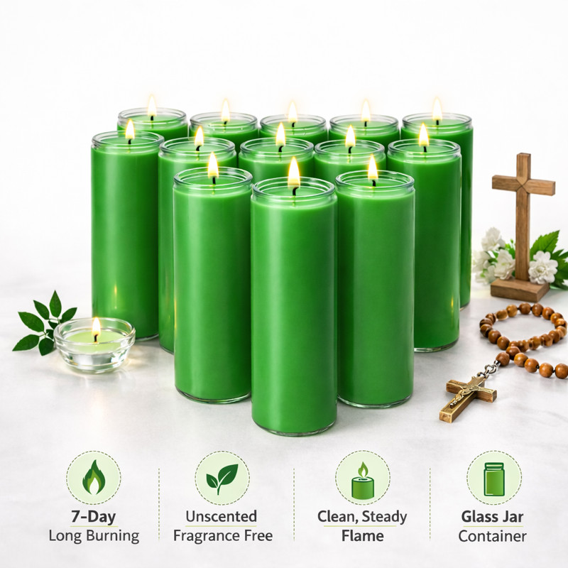 6 Pack Green 7 Day Prayer Candles in Glass Jars Unscented Long Burning Vigil