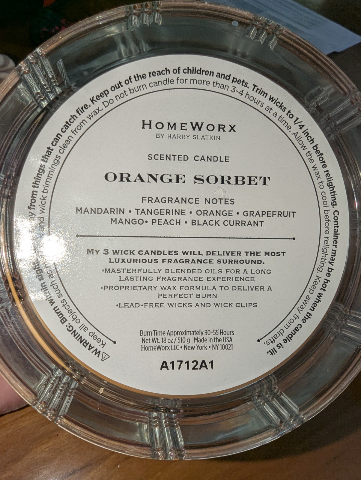 HomeWorx by Harry Slatkin Orange sorbet 18oz 3 wick candle burn time 30-55 hours