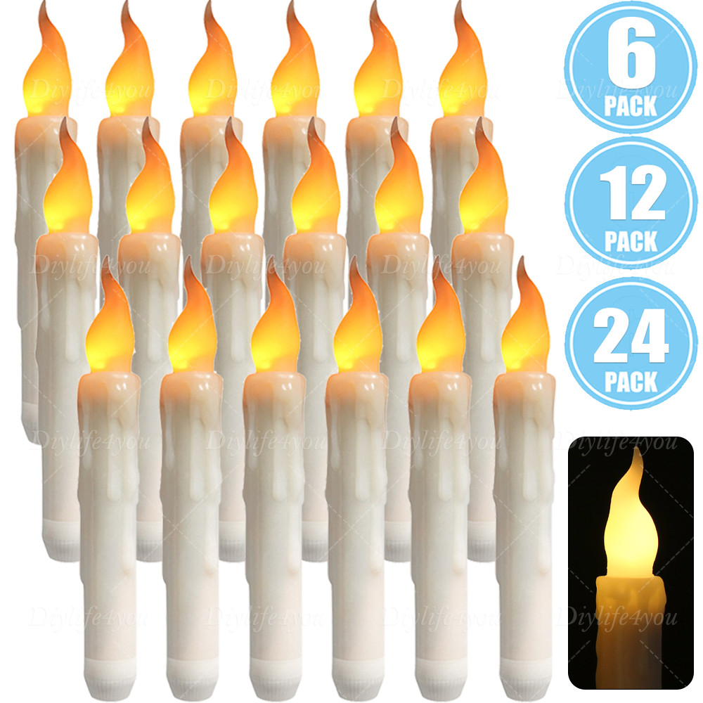 6/12× LED Flickering Flameless Taper Candles Battery Operated with Candle Holder