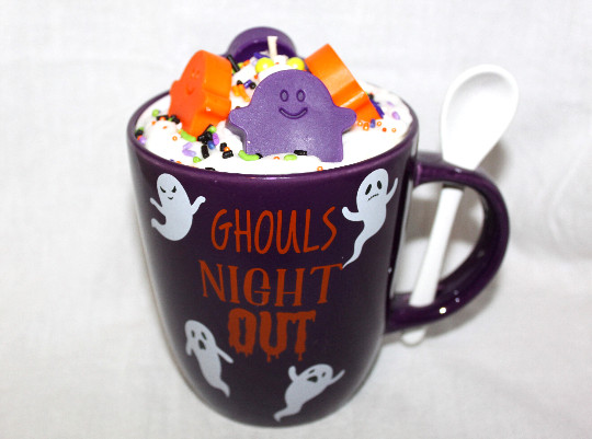 BIRTHDAY CAKE Scented Halloween Ghost “Ghouls Night Out” Mug with Spoon Candle