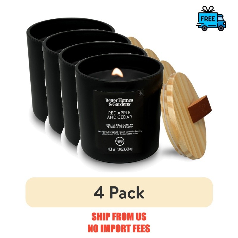 (4 pack) Better Homes & Gardens 13oz Red Apple Cedar Scented Wooden Wick Jar Can